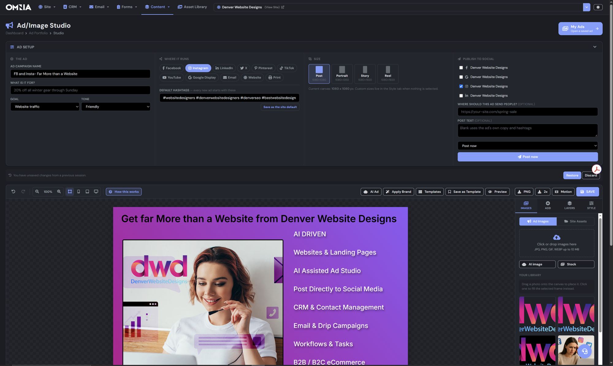 Omnia Ad Studio: an ad being designed, with the networks it can post to