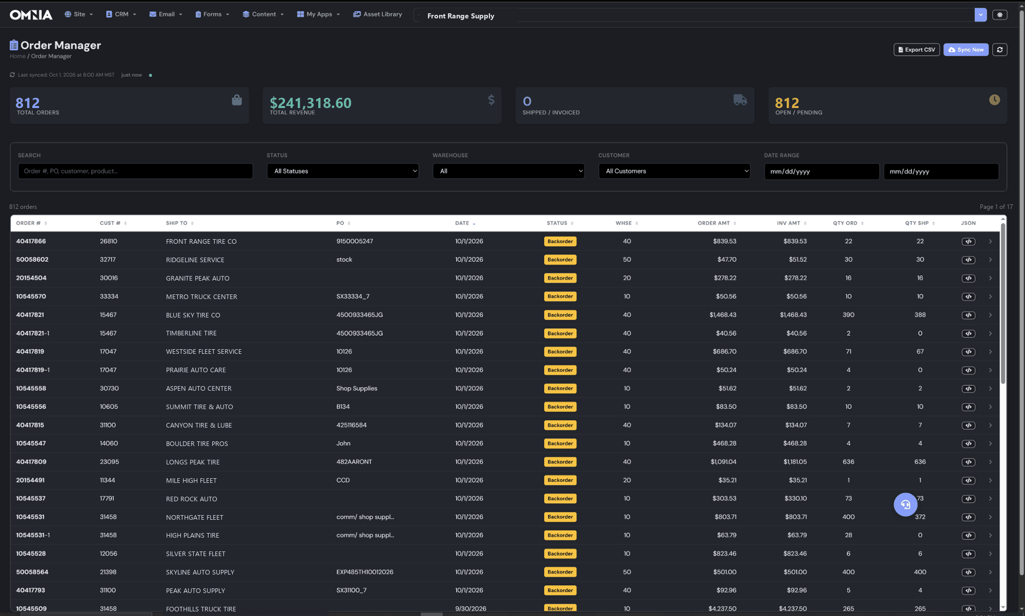 Omnia Order Manager with orders synced from the warehouse system
