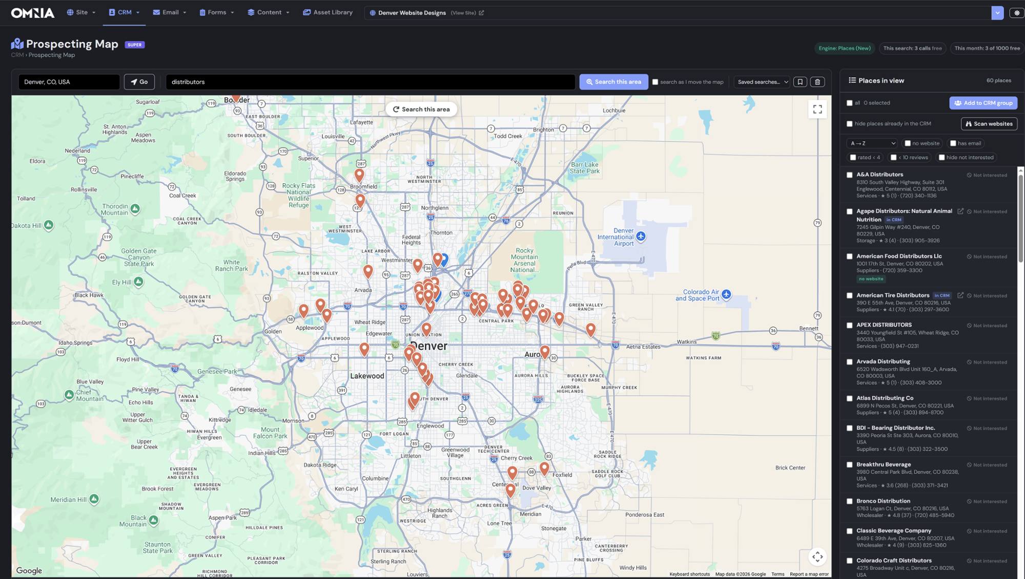 Omnia Prospecting Map: a search for distributors in Denver returns 60 places on the map with a list of names, addresses, ratings and phone numbers