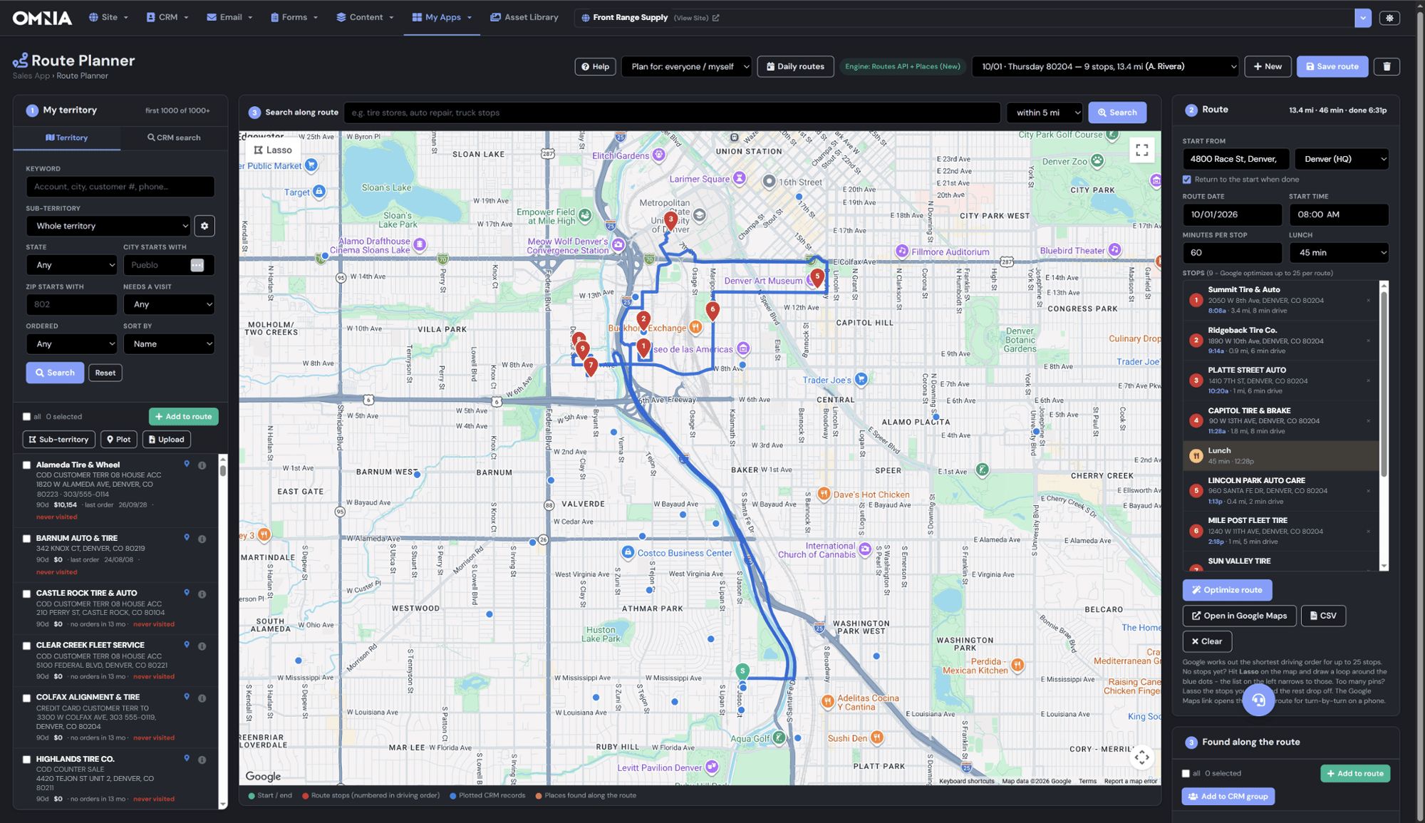 Omnia Route Planner: territory filters on the left, a nine-stop optimized route drawn through Denver, and the ordered stop list with drive times on the right