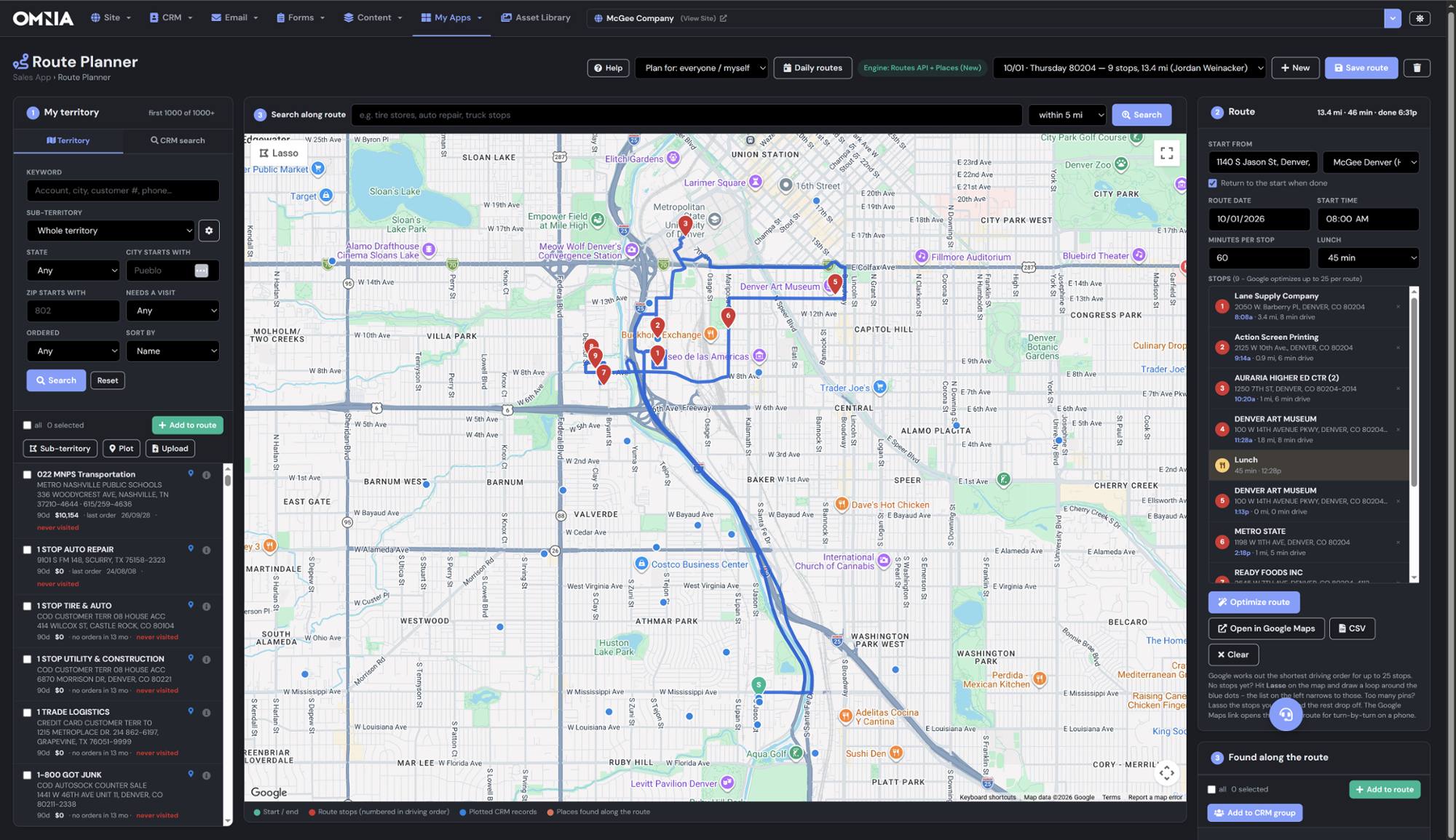 Omnia Route Planner: territory filters on the left, a nine-stop optimized route drawn through Denver, and the ordered stop list with drive times on the right