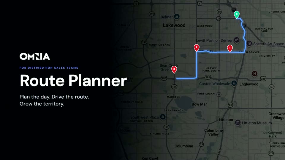 Omnia Route Planner: a numbered route drawn on a map